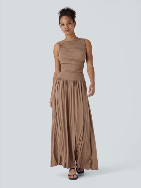 HALARA Dresses & Skirts - Halara Ribbed Boat Neck Asymmetric Strap Ruched Pocket Flowy Maxi Casual Dress
